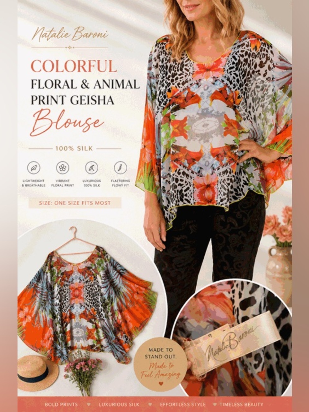 Natalie Baroni Colorful Floral & Animal Print geisha Blouse 100% silk - Picture 1 of 7